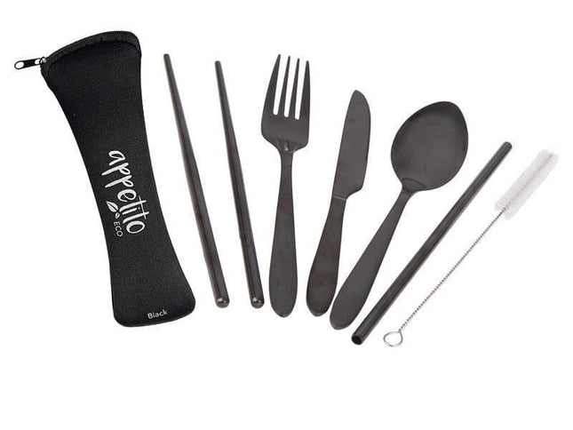 Appetito ? Stainless Steel Traveller?s Cutlery Set in Zippered Pouch Black-1875027416808820736