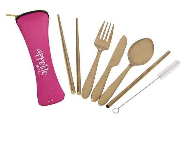 Appetito ? Stainless Steel Traveller?s Cutlery Set in Zippered Pouch Fuschia-1875027416934649856