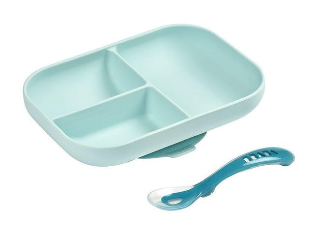 Beaba Silicone Suction Divided Plate & Spoon - Blue-1875027413856030720