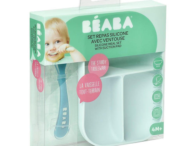 Beaba Silicone Suction Divided Plate & Spoon - Blue-1973194215533973506