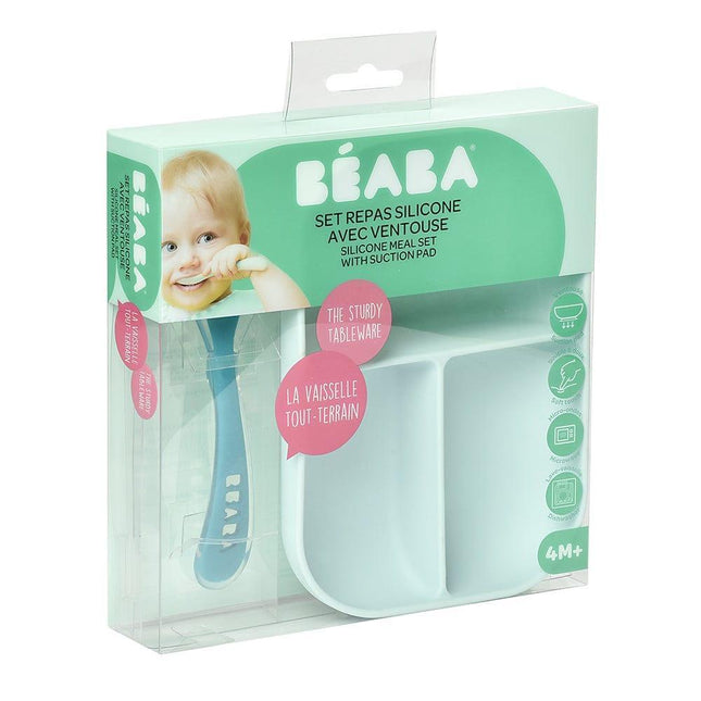 Beaba Silicone Suction Divided Plate & Spoon - Blue-1973194215533973506