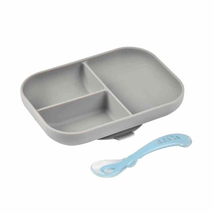 Beaba Silicone Suction Divided Plate & Spoon - Grey-1954803103287087104