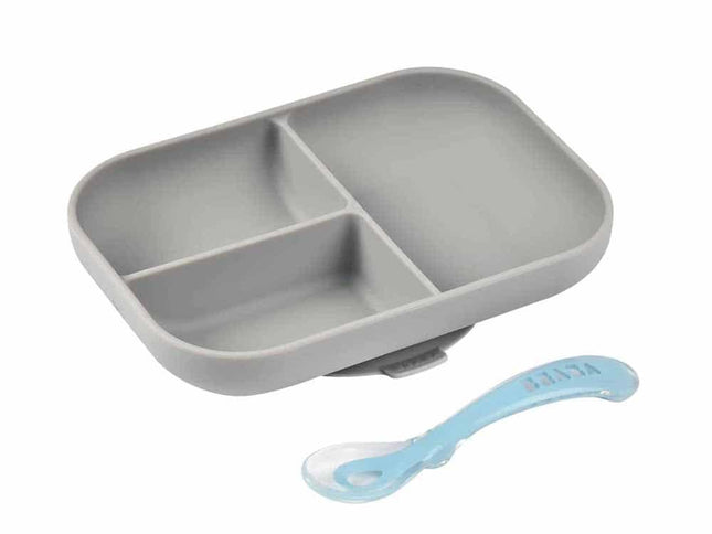 Beaba Silicone Suction Divided Plate & Spoon - Grey-1875027414120271872