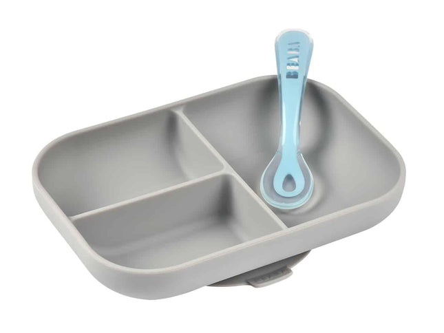 Beaba Silicone Suction Divided Plate & Spoon - Grey-1875027414120271873