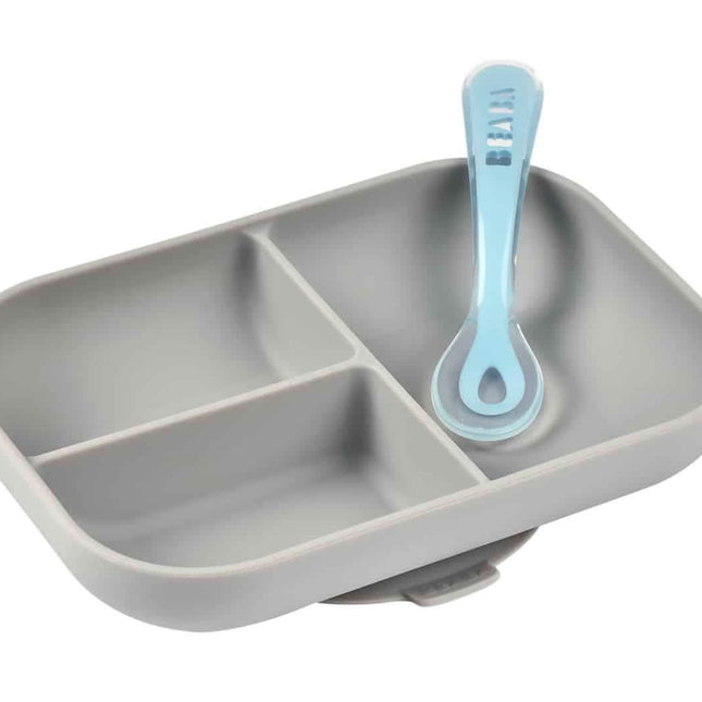 Beaba Silicone Suction Divided Plate & Spoon - Grey-1954803103287087105