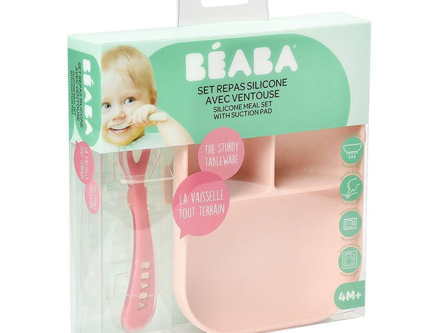 Beaba Silicone Suction Divided Plate & Spoon - Pink-1973194215705939970