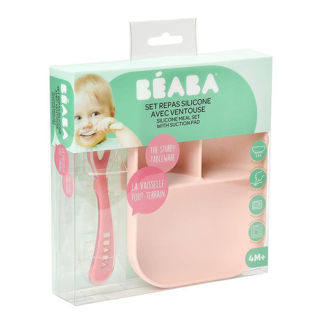 Beaba Silicone Suction Divided Plate & Spoon - Pink-1973194215705939970