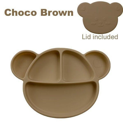 Grosmimi Bear Silicone Suction Food Plate with Silicone Lid Oatmeal-1973194254478086150