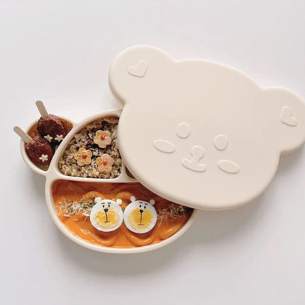 Grosmimi Bear Silicone Suction Food Plate with Silicone Lid Chocolate Brown-1954803140633169920