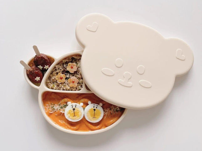 Grosmimi Bear Silicone Suction Food Plate with Silicone Lid Chocolate Brown-1875027395967324160