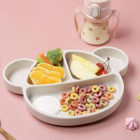 Grosmimi Bear Silicone Suction Food Plate with Silicone Lid Chocolate Brown-1973194254259982337
