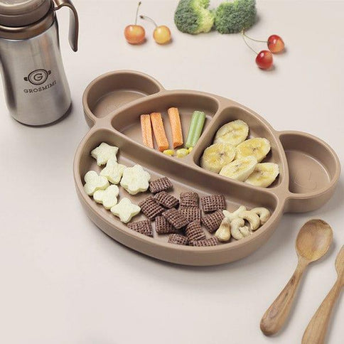 Grosmimi Bear Silicone Suction Food Plate with Silicone Lid Vanilla-1973194254666829826