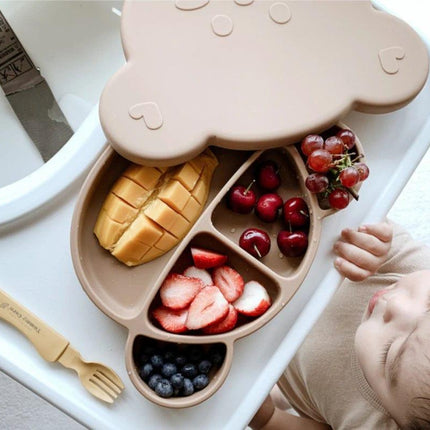 Grosmimi Bear Silicone Suction Food Plate with Silicone Lid Oatmeal-1973194254478086149