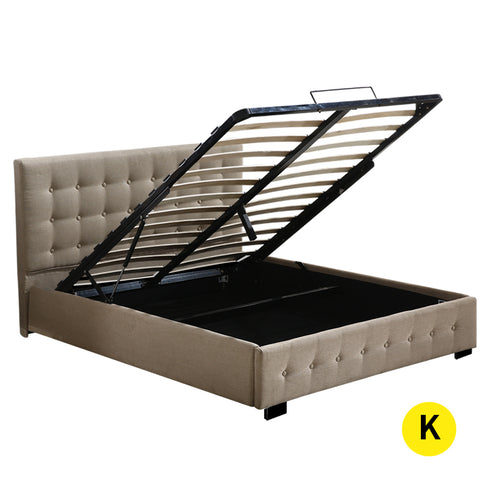 Levede Fabric Bed Frame King Tufted Beige-1910113203430494208