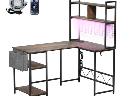 Levede L Shaped Gaming Desk with LED Lights Brown-1910112202766028800