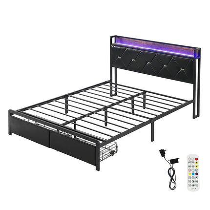 Levede Queen Metal Bed Frame LED Lights 2 Drawers-1973193504729468928
