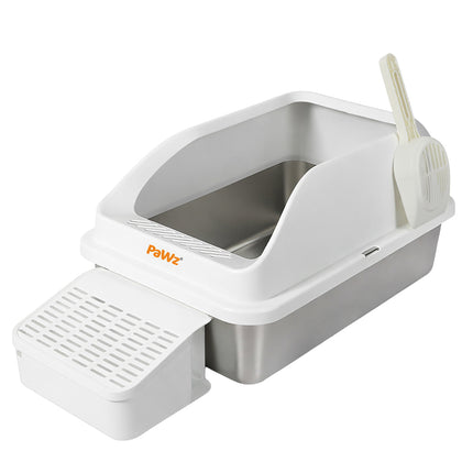 Pawz Stainless Steel Cat Litter Box Big Cats Kitten High Sided Easy Clean White-2029334098350313472