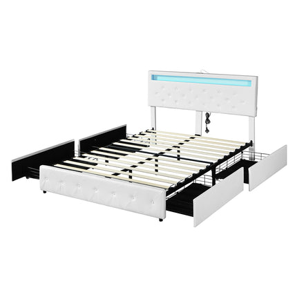 Levede Queen Bed Frame RGB LED PU 4 Drawer USB-1975420521206124544