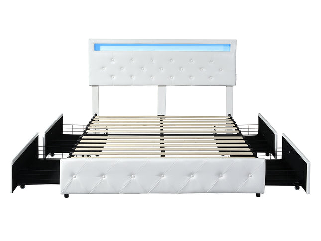 Levede Queen Bed Frame RGB LED PU 4 Drawer USB-1942353320156991489