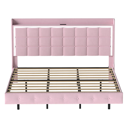 Levede King Floating Bed Frame LED Headboard USB Pink-2006732795224920065