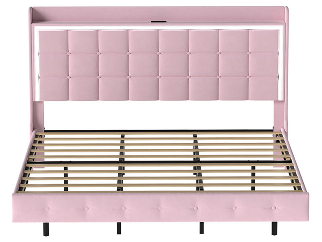 Levede King Floating Bed Frame LED Headboard USB Pink-2006732795224920065