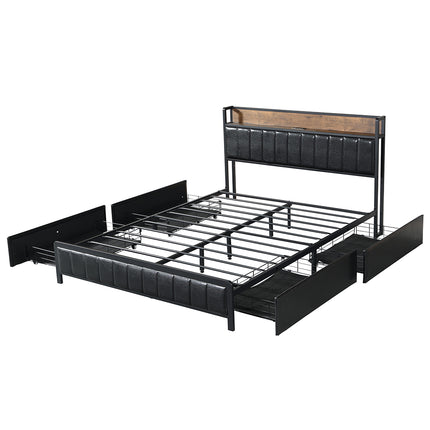 Levede Queen Bed Frame PU 4 Drawer USB Charge-1975420521386479617