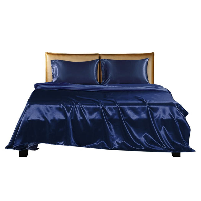 DreamZ Silky Satin Sheets Fitted Flat Queen Blue-1954802914501464065