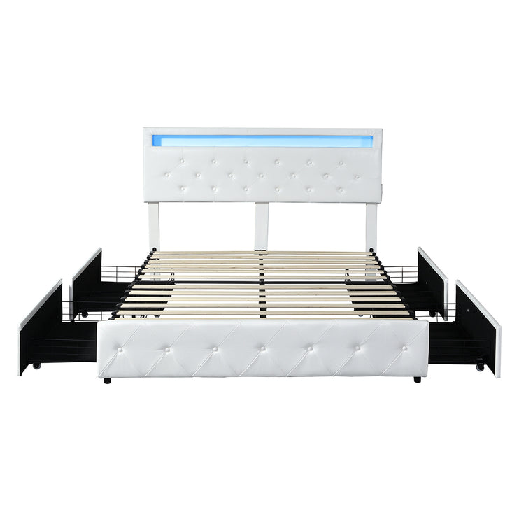 Levede Double Bed Frame RGB LED PU 4 Drawer USB-1973193436051935233