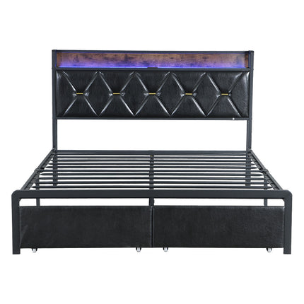 Levede Queen Metal Bed Frame LED Lights 2 Drawers-1973193504729468929