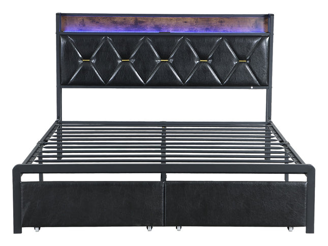 Levede Queen Metal Bed Frame LED Lights 2 Drawers-1973193504729468929