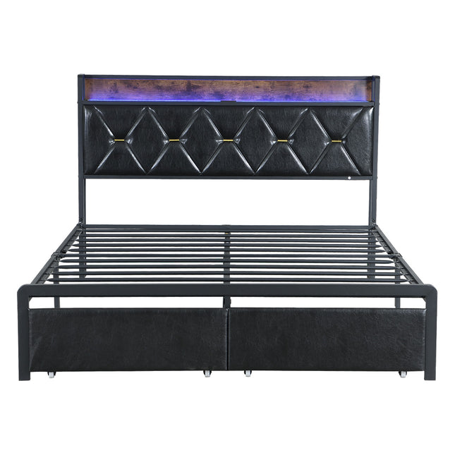 Levede Queen Metal Bed Frame LED Lights 2 Drawers-1973193504729468929