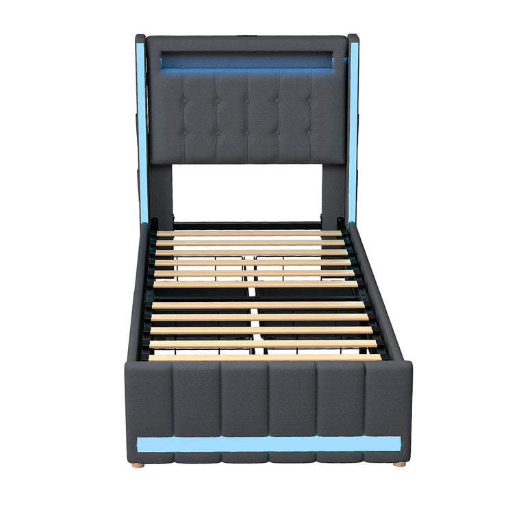 Levede Single Bed Frame Fabric Storage Drawer LED USB-2006733382138073089