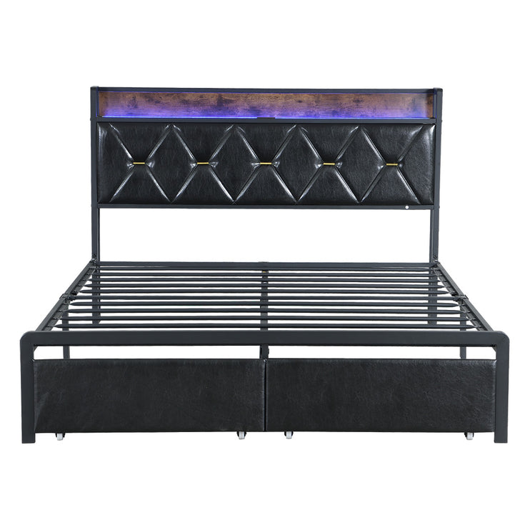 Levede Double Metal Bed Frame LED Lights 2 Drawers-1973193504427479041