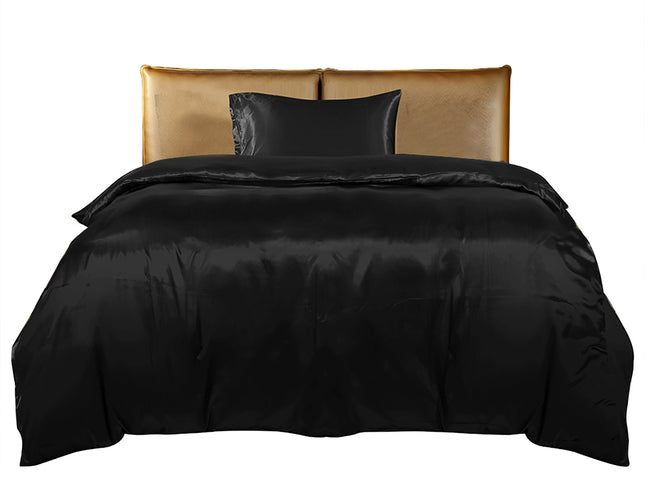 DreamZ Silky Satin Quilt Cover Set Bedspread Black Single-1942353304768090113