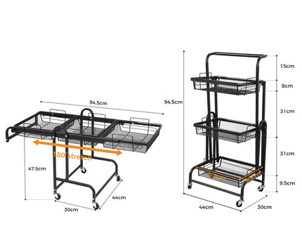 Levede 3 Tier Kitchen Trolley Cart Swivel Black Colour-1864184350699032578