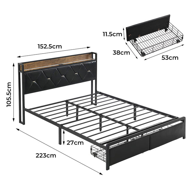 Levede Queen Metal Bed Frame LED Lights 2 Drawers-1973193504729468930