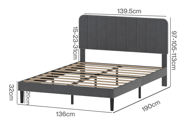 Levede Double Bed Frame Upholstered Adjustable Headboard Bed Platform Dark Grey-2050056771191574530