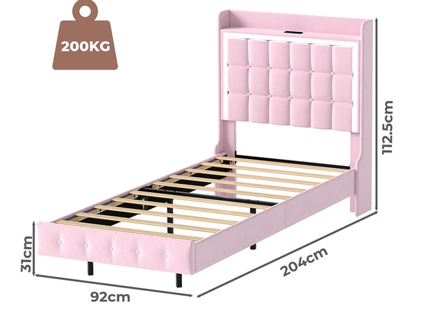 Levede Single Floating Bed Frame LED Headboard USB Pink-2006732795417858050