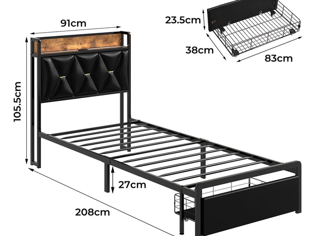Levede Single Bed Frame Leather Headboard RGB 2 Drawers-2006732795887620098