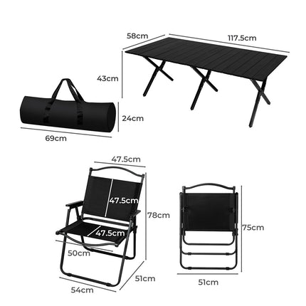 Levede Folding Camping Table Chair Set Black-1973194000894660610