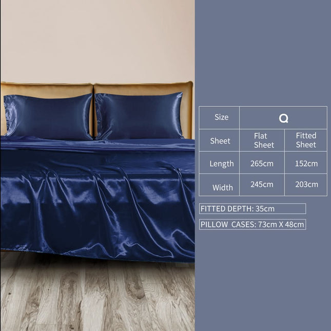 DreamZ Silky Satin Sheets Fitted Flat Queen Blue-1954802914501464066