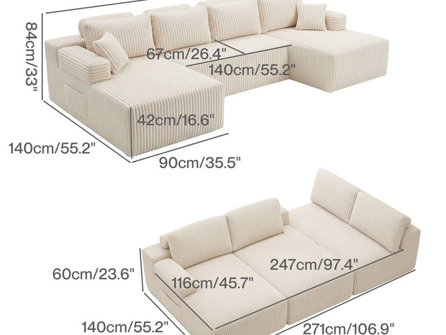 Levede Modular Sofa Lounge Set Corduroy U Shaped Sectional Cloud Couch Beige-2050056788379832322