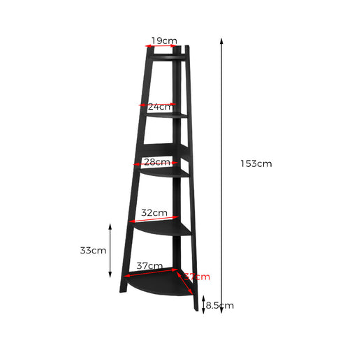 Levede 5 Tier Corner Shelf Wooden Storage Black-1917016724549537794