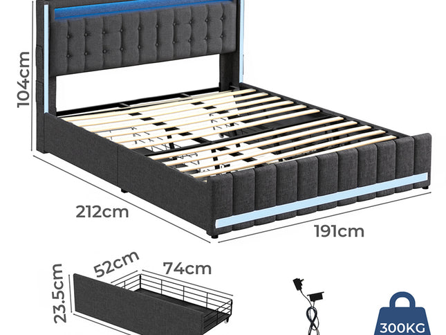 Levede King Bed Frame Fabric Storage Drawer LED USB-2006733381945135106