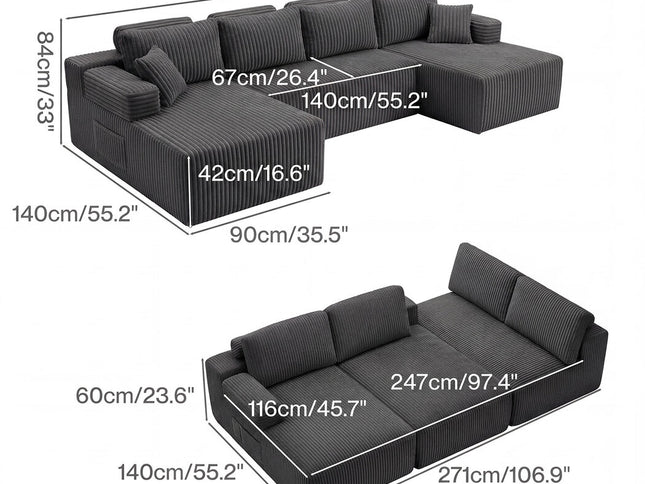 Levede Modular Sofa Lounge Set Corduroy U Shaped Sectional Cloud Couch Grey-2050056788564381698