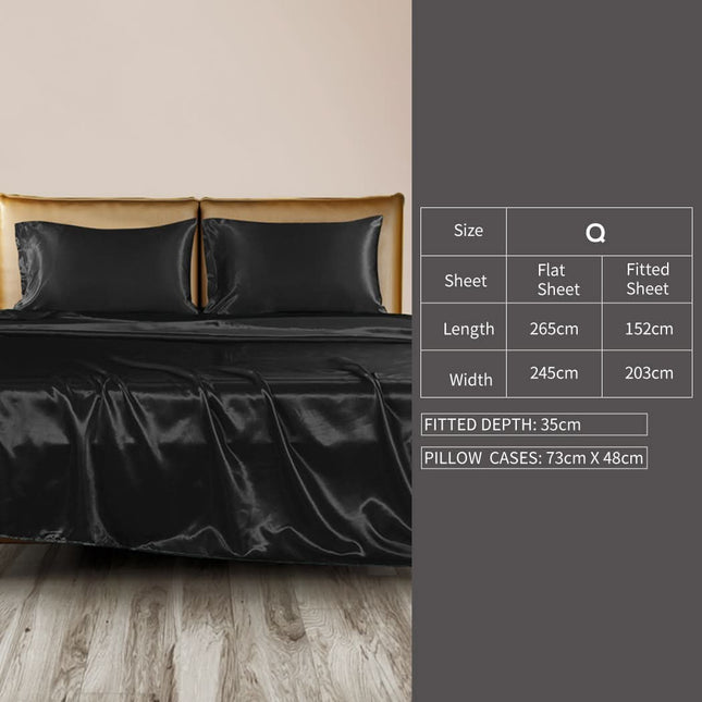 DreamZ Silky Satin Sheets Fitted Flat Queen Black-1954802914287554562