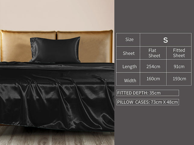 DreamZ Silky Satin Sheets Fitted Flat Single Black-1942353301689470978