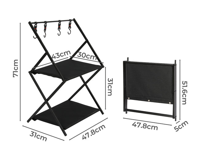 Levede Foldable Camping Storage Shelves 2 Layer with Hooks Black-1975420369112272898
