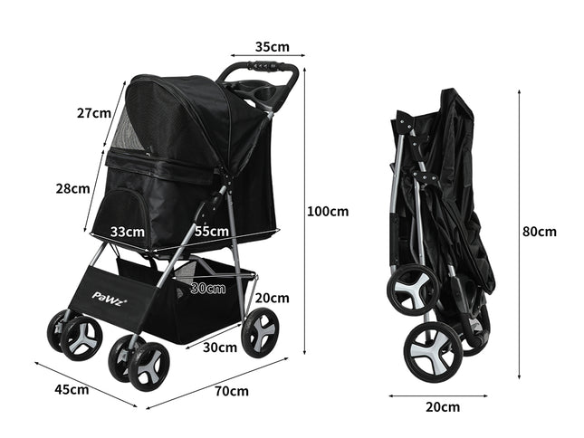 PaWz 4 Wheels Pet Stroller Dog Cat Cage Black-1973193718240514050