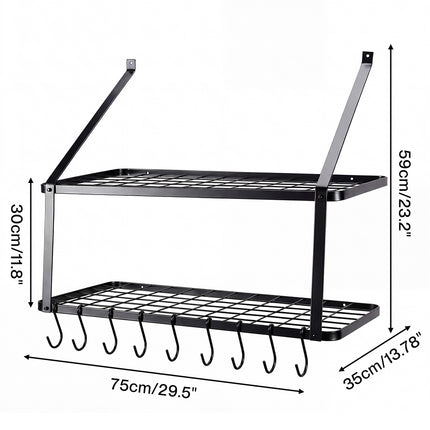 Toque Metal Pot Pan Rack Hanging Kitchen Shelf Wall Mounted Organizer 10 Hooks-2061251871485595650